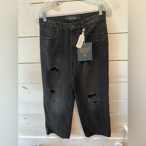 Indigo Rein Skater High Rise Flare Slouchy Black Distressed Jeans, sz 7, NWT